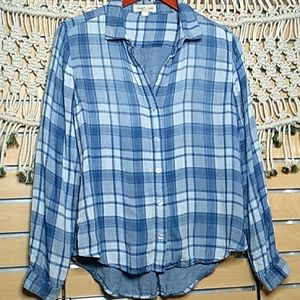 Cloth & Stone blue white plaid flannel button up shirt